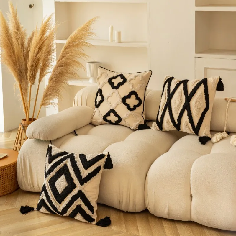 

Black White Boho Geometric Tufted Cushion Cover Fringe Decorative Pillowcase 45X45/30X50CM Home Decorative Pillows for Sofa