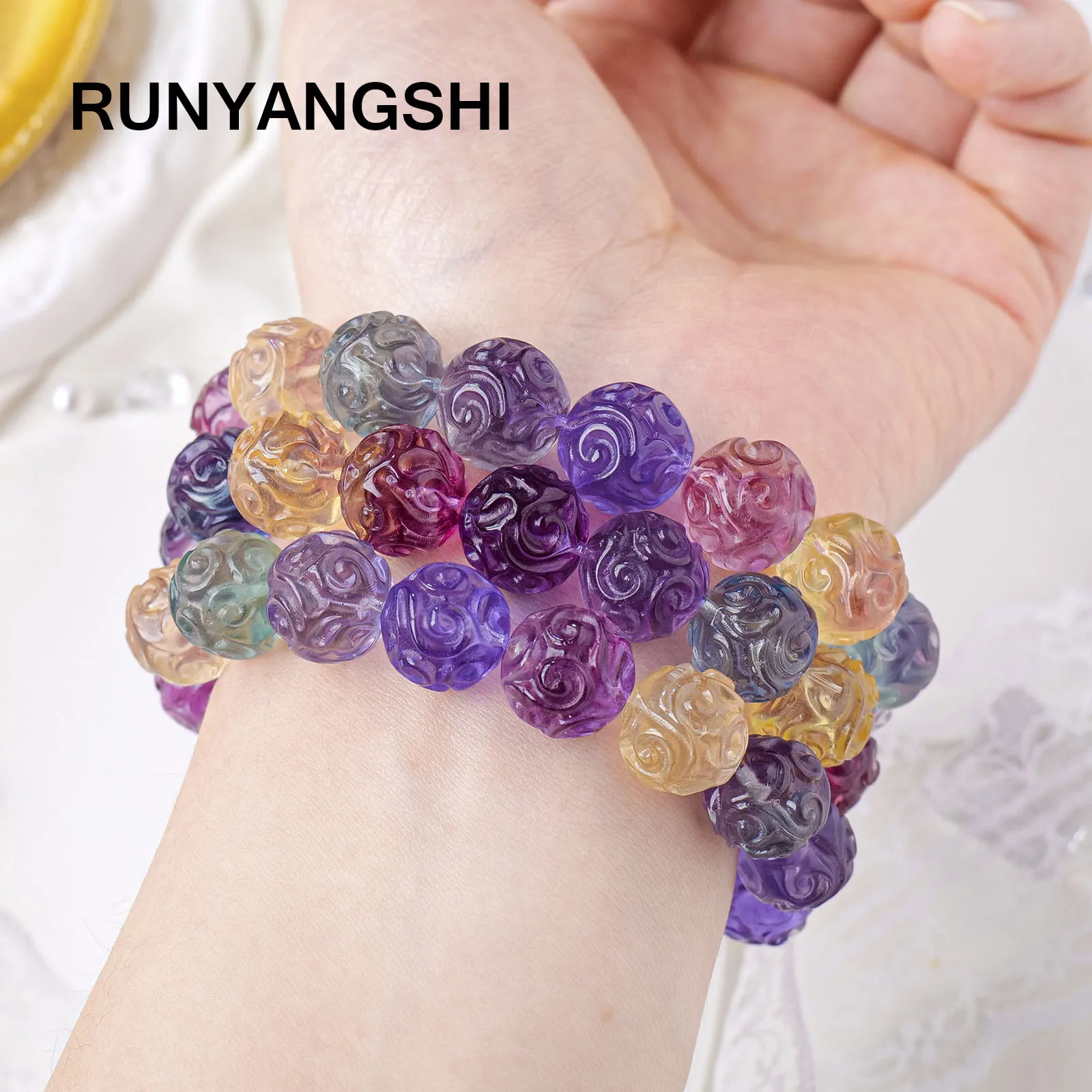 

1PC Natural Candy Color Fluorite Embossed Beads Bracelet Yoga Meditation Therapy Energy Stone Women's Jewelry