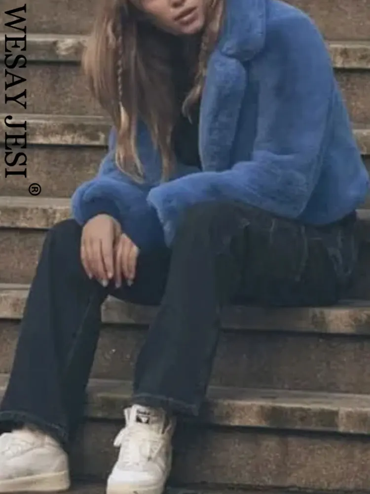 WESAY JESI Women's Winter Clothing Blue Faux Fur Lapel Cropped Jacket Long Sleeve Warm Loose Coats Female Casual Chic Outerwear