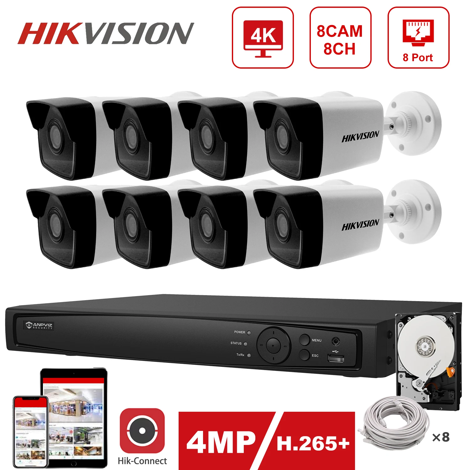 

Hikvision IP Security Kit 4K 8CH POE NVR Hikvision POE IP Camera 4MP DS-2CD1043G0-I Outdoor Security 30m IR Plug and Play H.265