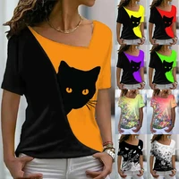2022 summer womens cat theme printed painting tee shirts v neck casual female daily pullover new t shirt xs 8xl3d printing