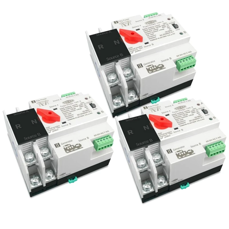 

3X Din Rail 2P ATS Dual Power Automatic Transfer Switch Electrical Selector Switches Uninterrupted Power 100A