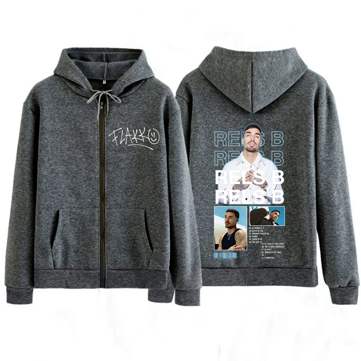 Фото Худи на молнии с принтом Rapper RELS B Album Tour 2026, модные толстовки в стиле хип-хоп для мужчин и женщин, свободные повседневные куртки оверсайз на молнии №2