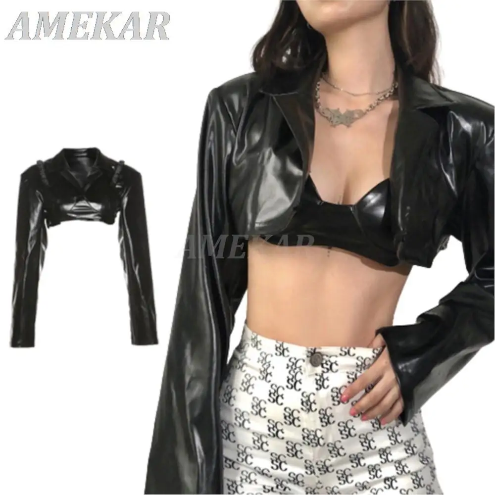 

Женская короткая куртка из искусственной кожи, черная модельная пикантная куртка с длинным рукавом и отложным воротником, модные укороченн...