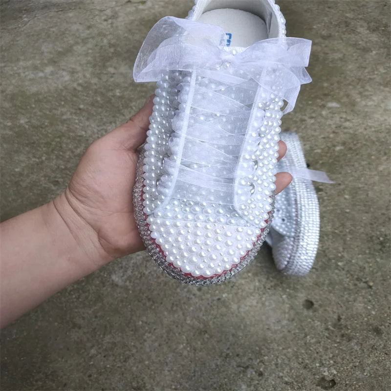 Handmade custom rhinestone pearl stitching ribbon trim simple fashion all-match canvas shoes women's large size 35-46