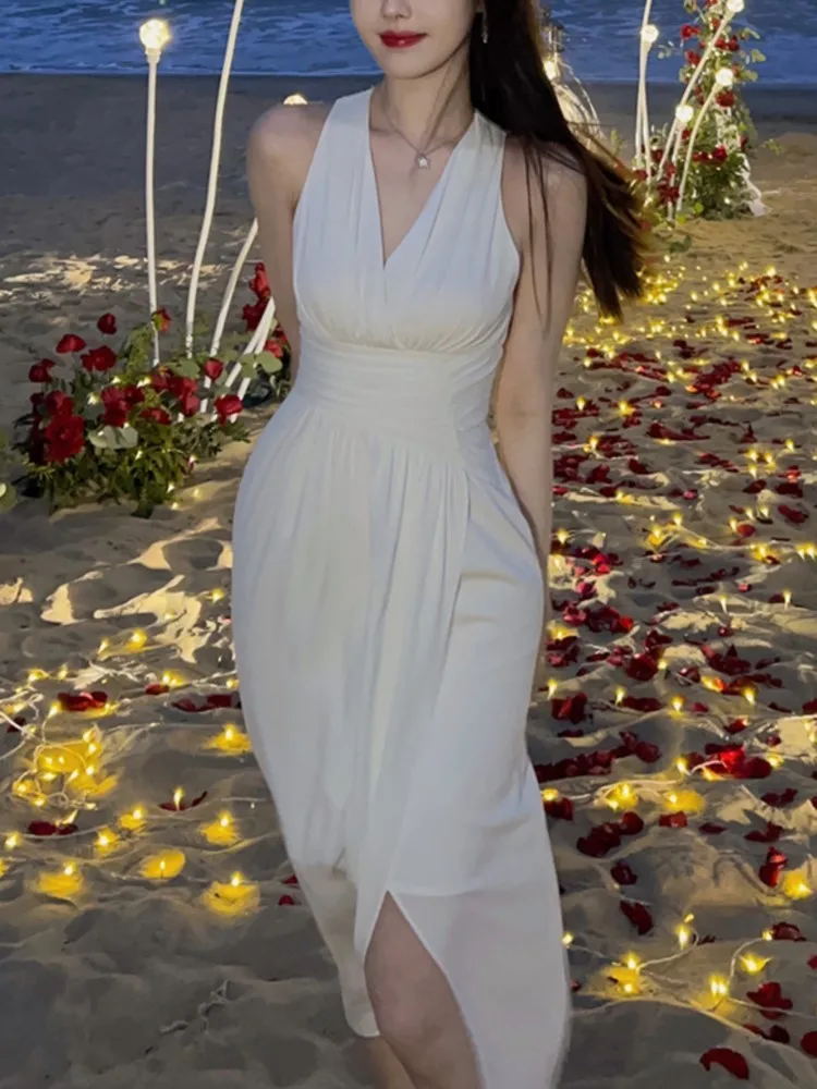 

Women Summer Elegant Halter Sexy Bodycon Dress Vintage Sleeveless Slim Party Beach Vestdios Female Fashion Prom Clothes