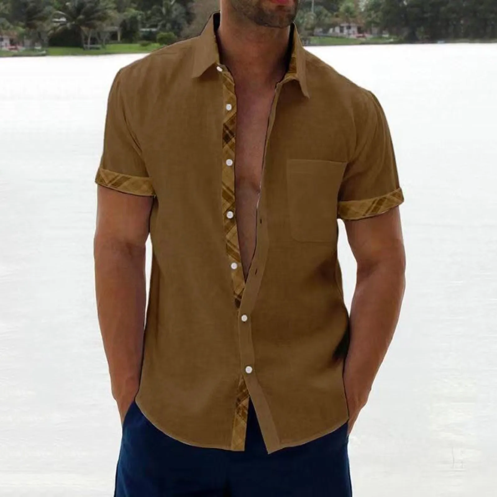 

Men's Short-Sleeved Shirts Faux Cotton Linen Summer Solid Color Turn-Down Collar Quick Drying Casual Beach Style Plus Size
