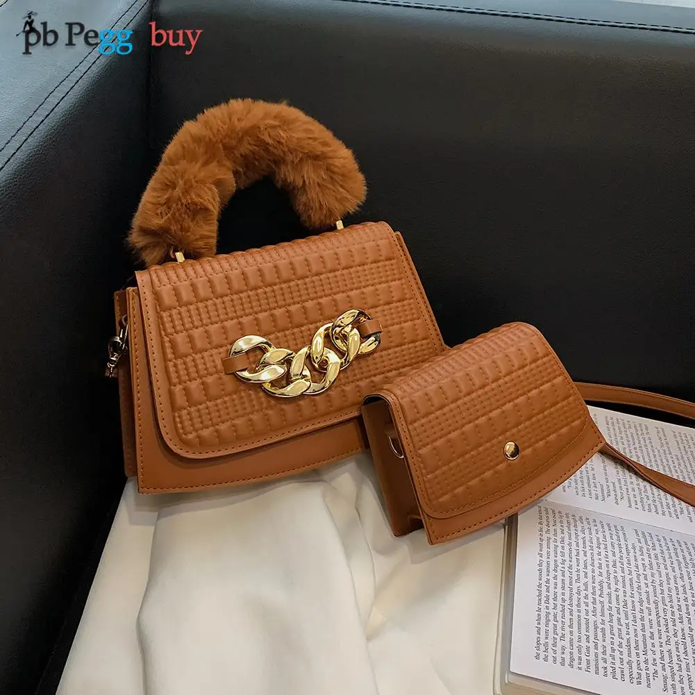 

Women PU Leather Plush Handle Shoulder Bag with Purse Lady Solid Color Composite Bag Trending Small Capacity Handbag For Women