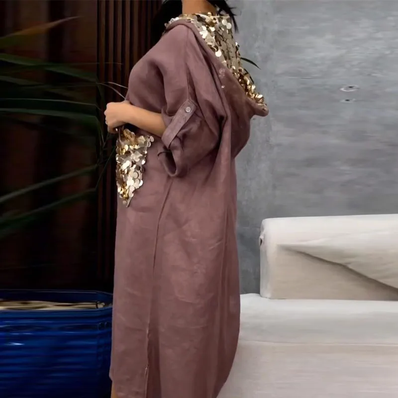 

Женское свободное платье-рубашка, повседневное льняное однотонное пляжное платье А-силуэта с длинным рукавом и большим свободным кроем, длинное платье с отложным воротником, весна-осень