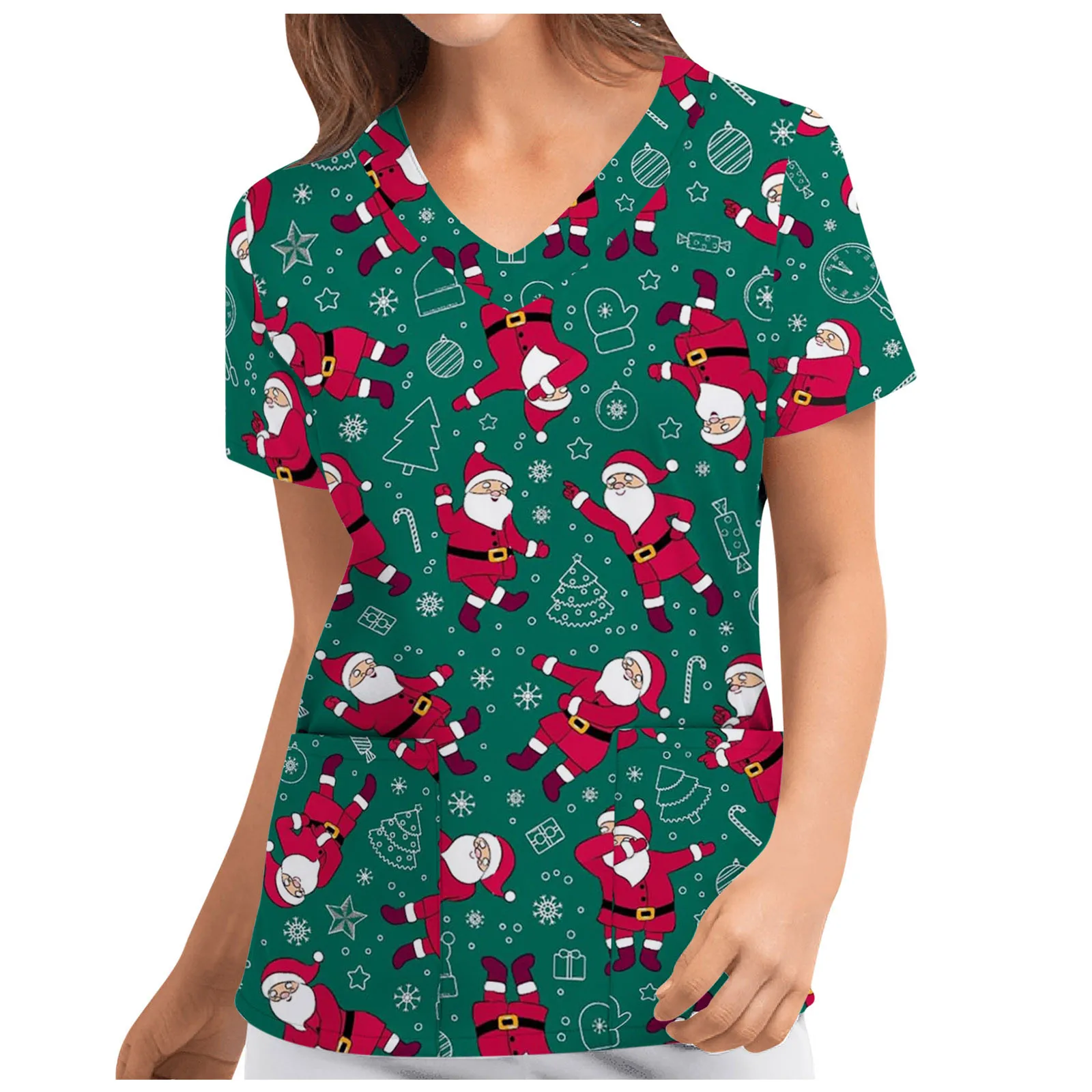 

Women V-neck Scrubs Working Tops Short Sleeve Uniforms Nurse Scrubs Tops Christmas Print Uniform Blouse Shirt