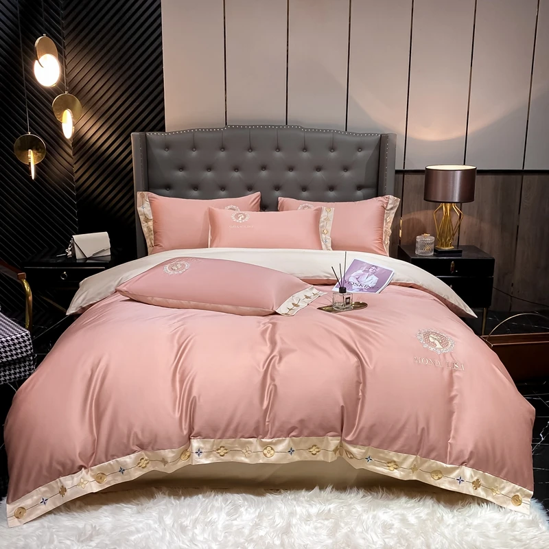 

Luxury Embroidery Solid Color Cotton Hotel/Home Bedding Set fitted Bed Linen Duvet Cover Pillowcase King Queen Size X20A