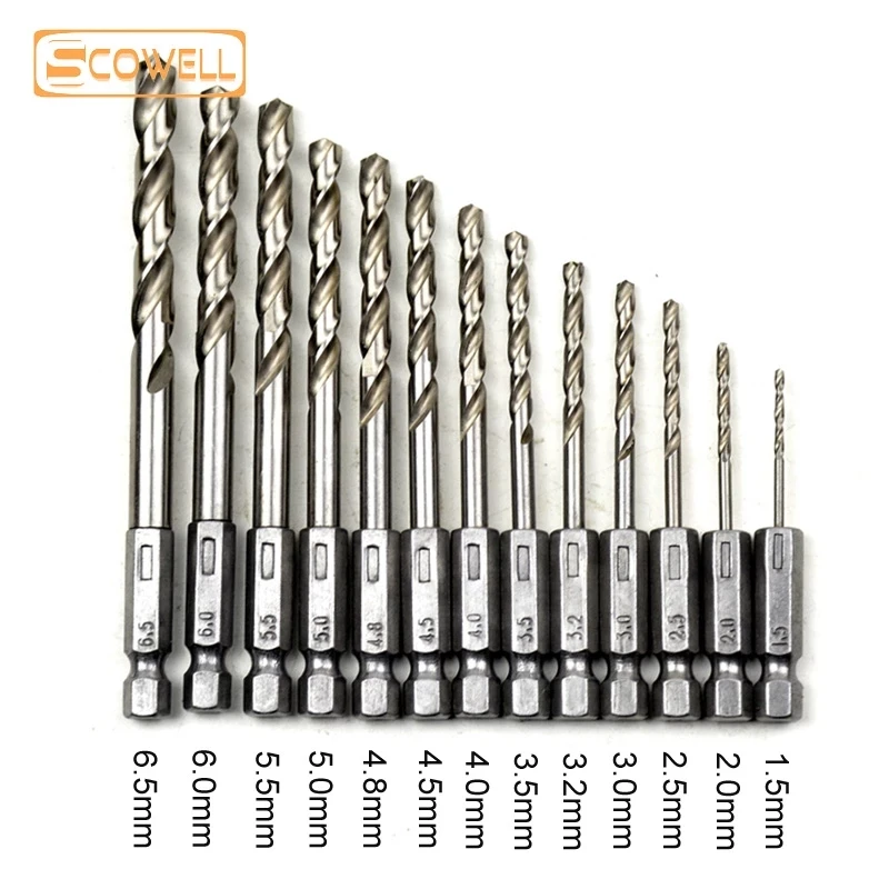 

DIN338 HSS High Speed Steel 13pcs 1/4 Hex Shank Twist Drill Bits Set 1.5mm - 6.5mm Jobber Drill Bit Kit Power Tools DIY Drills