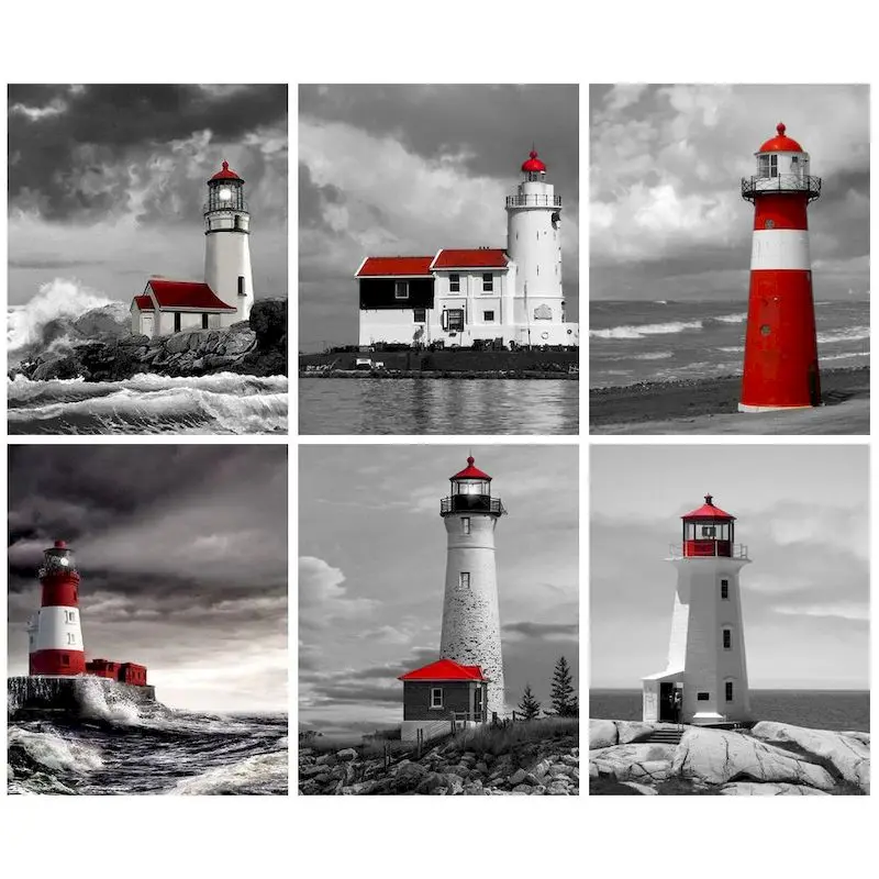 

CHENISTORY DIY Pictures By Number Seaside Lighthouse Scenery Kits HandPainted Painting By Numbers Drawing On Canvas Home Decor