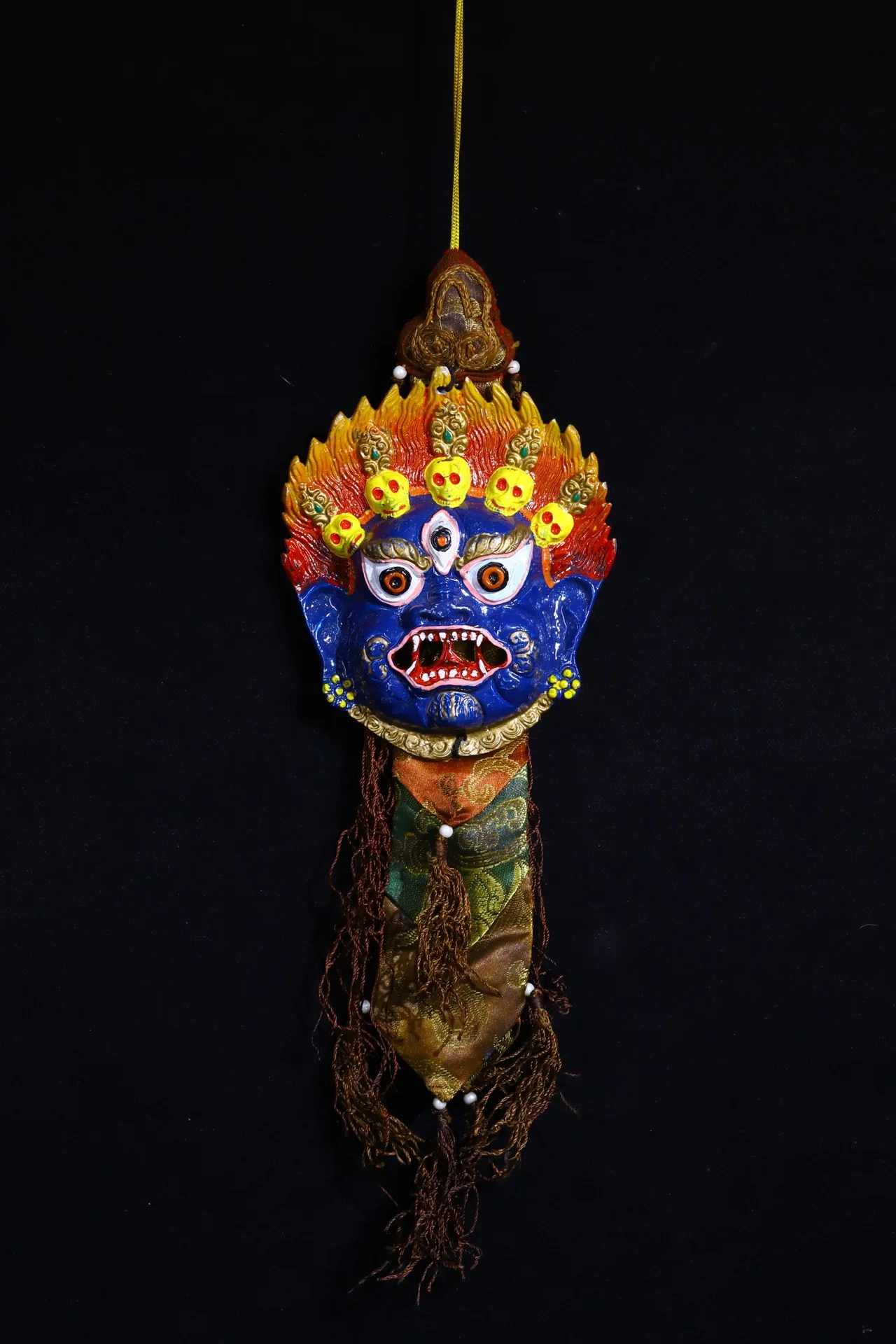 

20" Chinese Folk Collection Old Bronze painted three eyes blue face Vajra Buddha head skull head mask Amulet Town house Exorcism