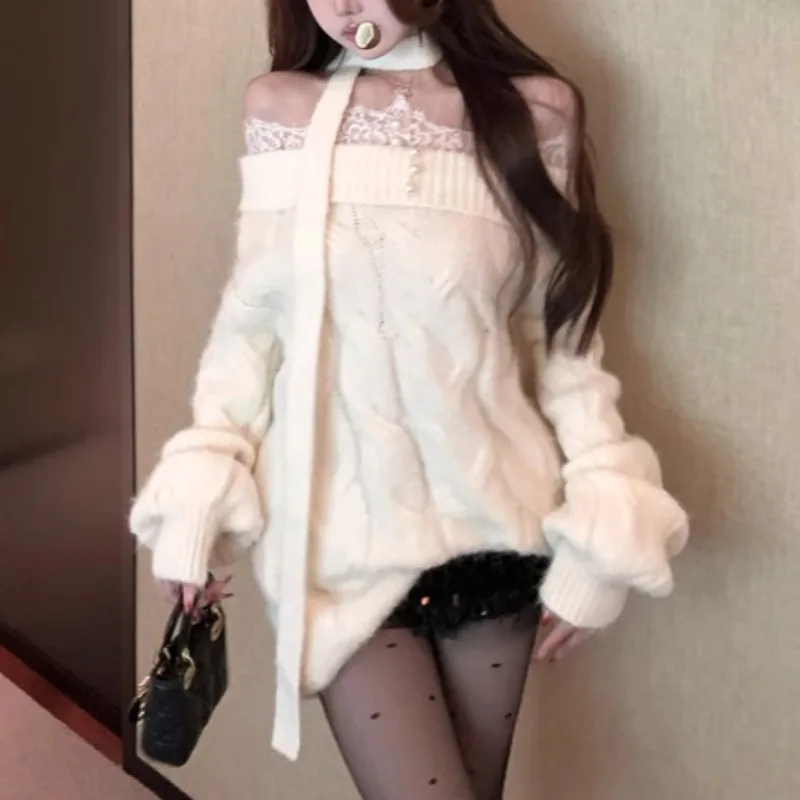 Кружевной свободный кашемировый свитер с открытыми плечами и длинными рукавами