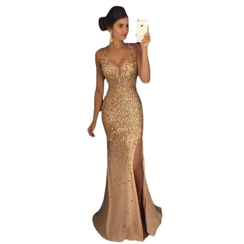Sexy Slit Gold Evening Dresses 2022 Autumn and Winter Fashion Sequins Lace Dubai Saudi Arabic Prom Powers Sleep Party Dress