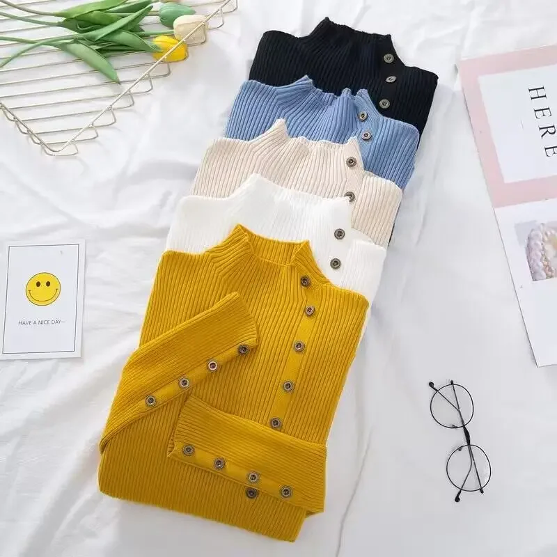 

Женский Осенний трикотажный облегающий свитер, однотонный вязаный женский хлопковый мягкий эластичный цвет, яркий свитер с длинным рукавом и высоким воротником, 2023