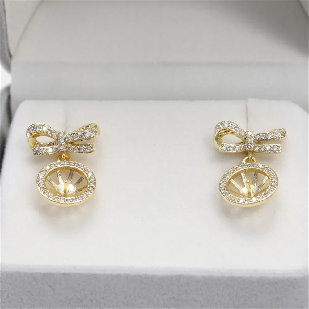 

Homemade gold plated 14K pearl bow zircon stud bracket Pearl stud bracket S925 silver needle DIY accessories