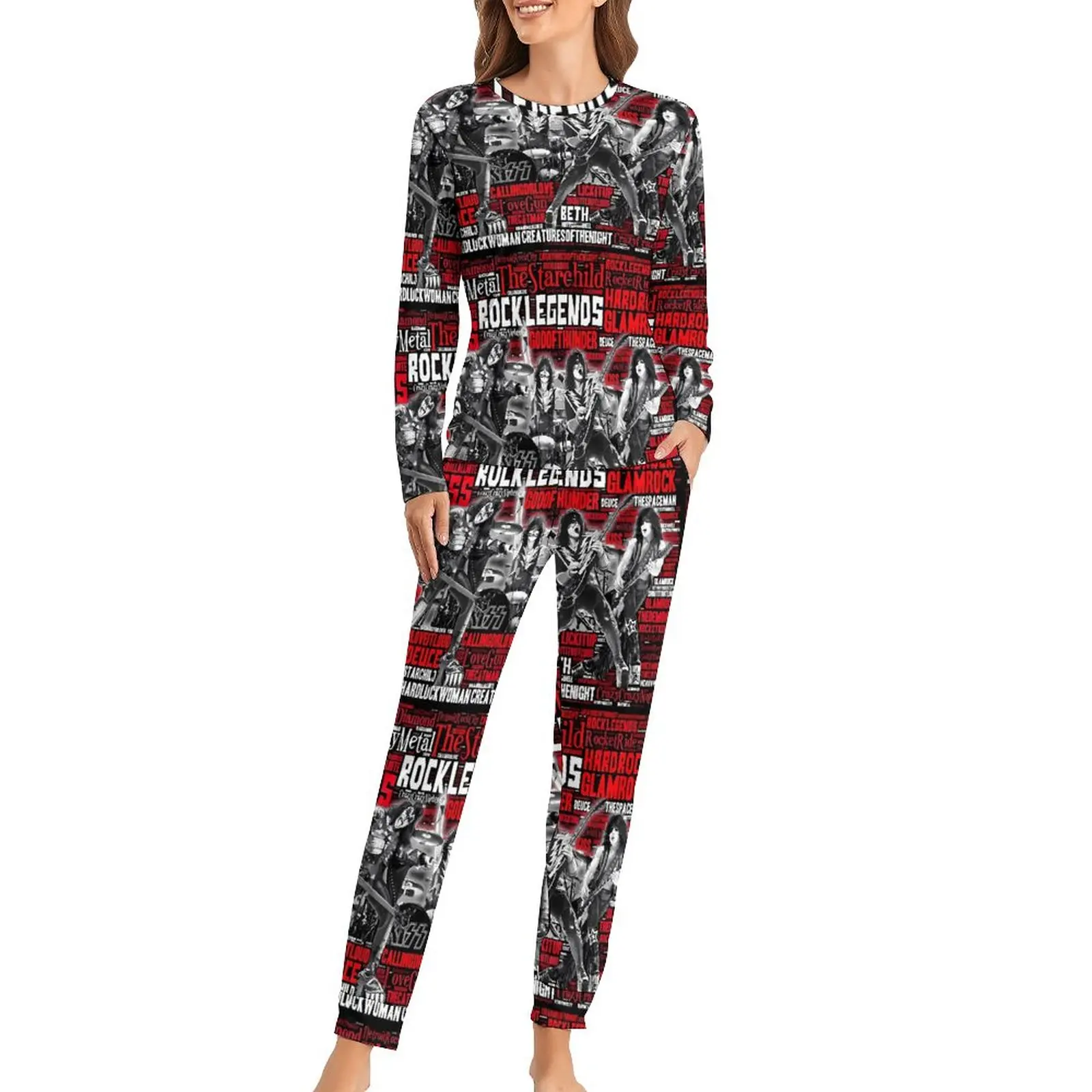 

Kiss Band Pajamas Womens Rock Music Print Kawaii Sleepwear Autumn 2 Pieces Casual Oversize Pajama Sets