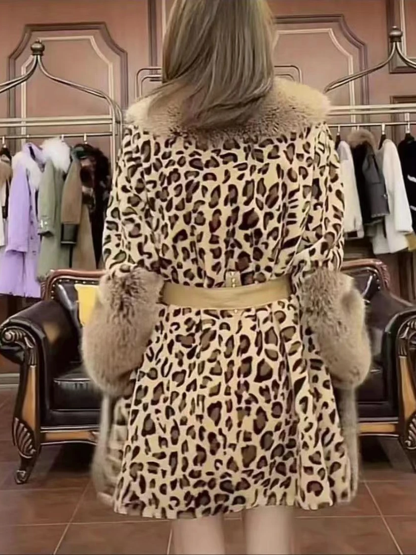 2022 New Fall Winter Coat Women's Mid-Length Fur Collar Thickened Warm Leopard Fur Jacket Korean Lace-up Fur Overcoat Femininas