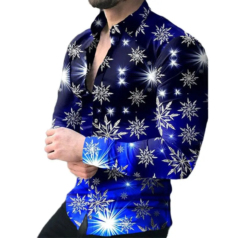 

Fashion Social Men Shirts Turn-down Collar Buttoned Shirt Casual Ice Crystals Print Long Sleeve Tops Mens Clothes Prom Cardigan