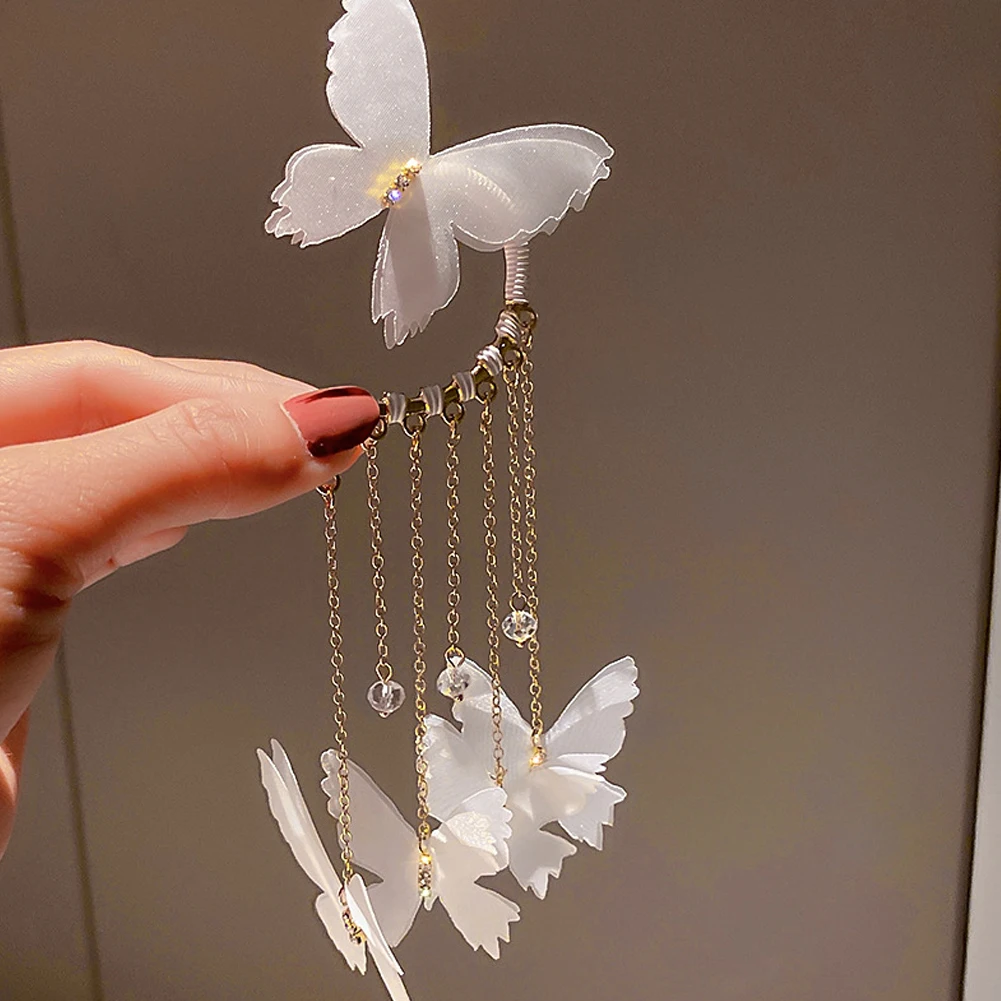 

New design fashion exaggerated jewelry long white butterfly ear clips bohemian tassel holiday party earrings for women gift