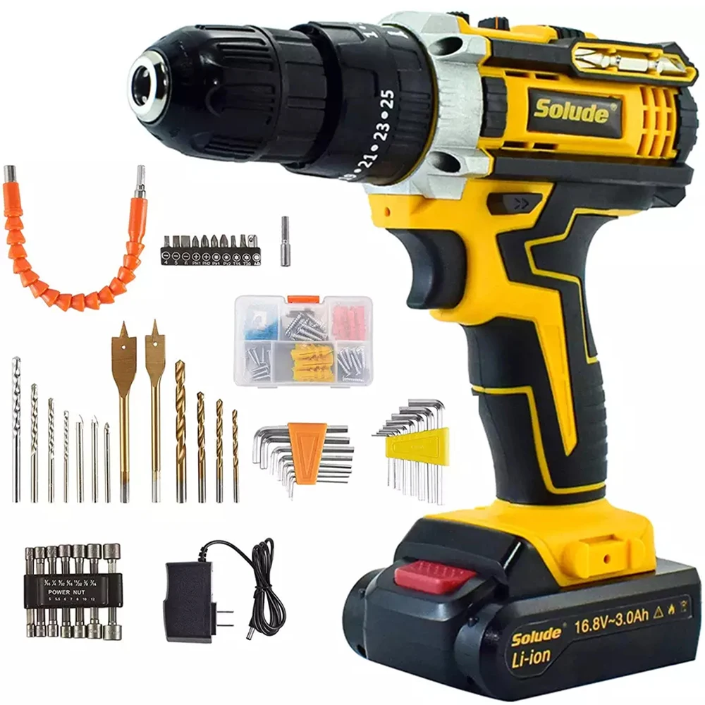 Solude 105 PCS 21V Electric Drill Impact Function With Powerful Lithium Battery Rechargeable LED Work Light Portable Screwdriver