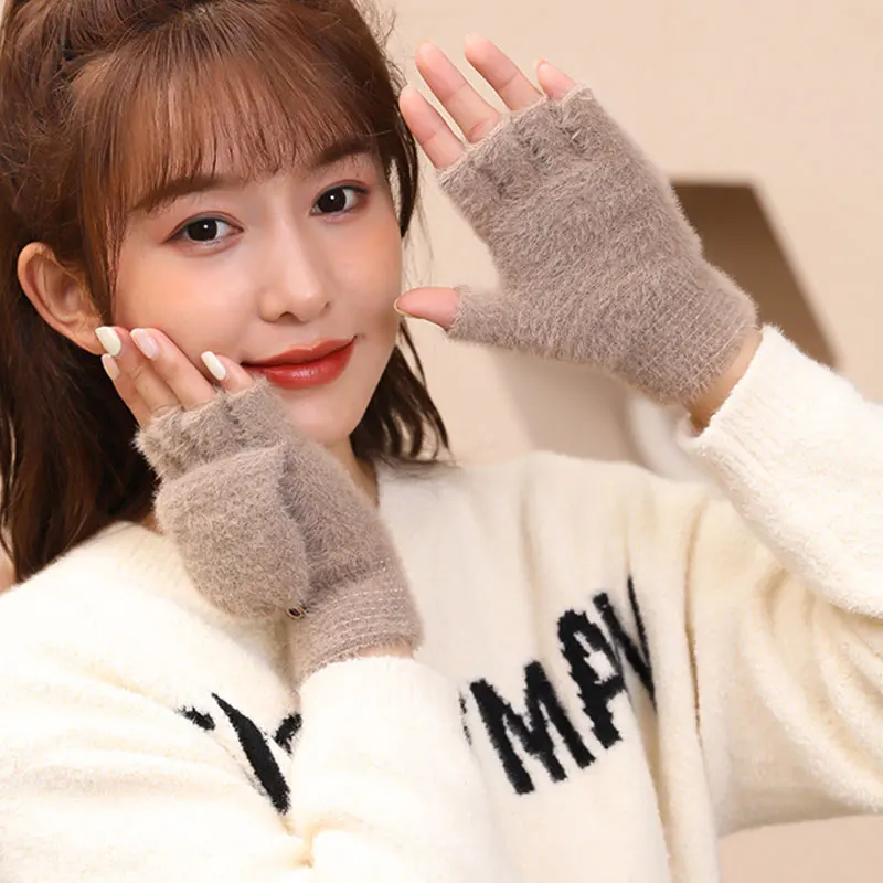 

Half-finger Gloves Solid Color Warm Flip-top Gloves Imitation Mink Velvet Gloves Winter Comfortable Soft Stylish Thick Mittens