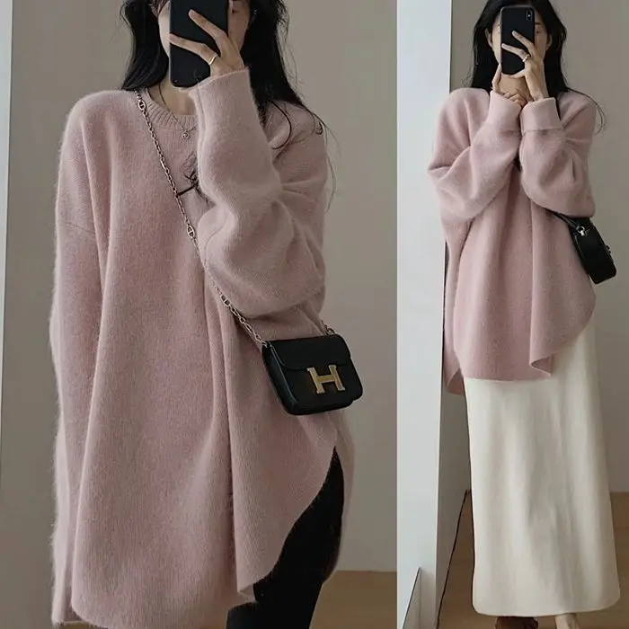 

Soft Waxy Pullover Sweater Women Wear Japanese Lazy Retro Split Knitwear Thicker In Winter