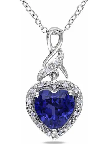 

Women`s 2-1/4 Carat T.G.W. Heart-Shape Created Blue Sapphire and Round-Cut Accent Sterling Silver Halo Heart Pendant with Chain