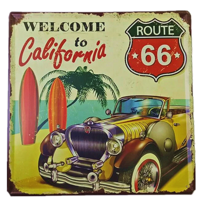 

Добро пожаловать в Калифорнию, винтажный автомобиль Route 66, море, пальма, паб, кафе, бар, дом, гостиная, домашний декор для стен