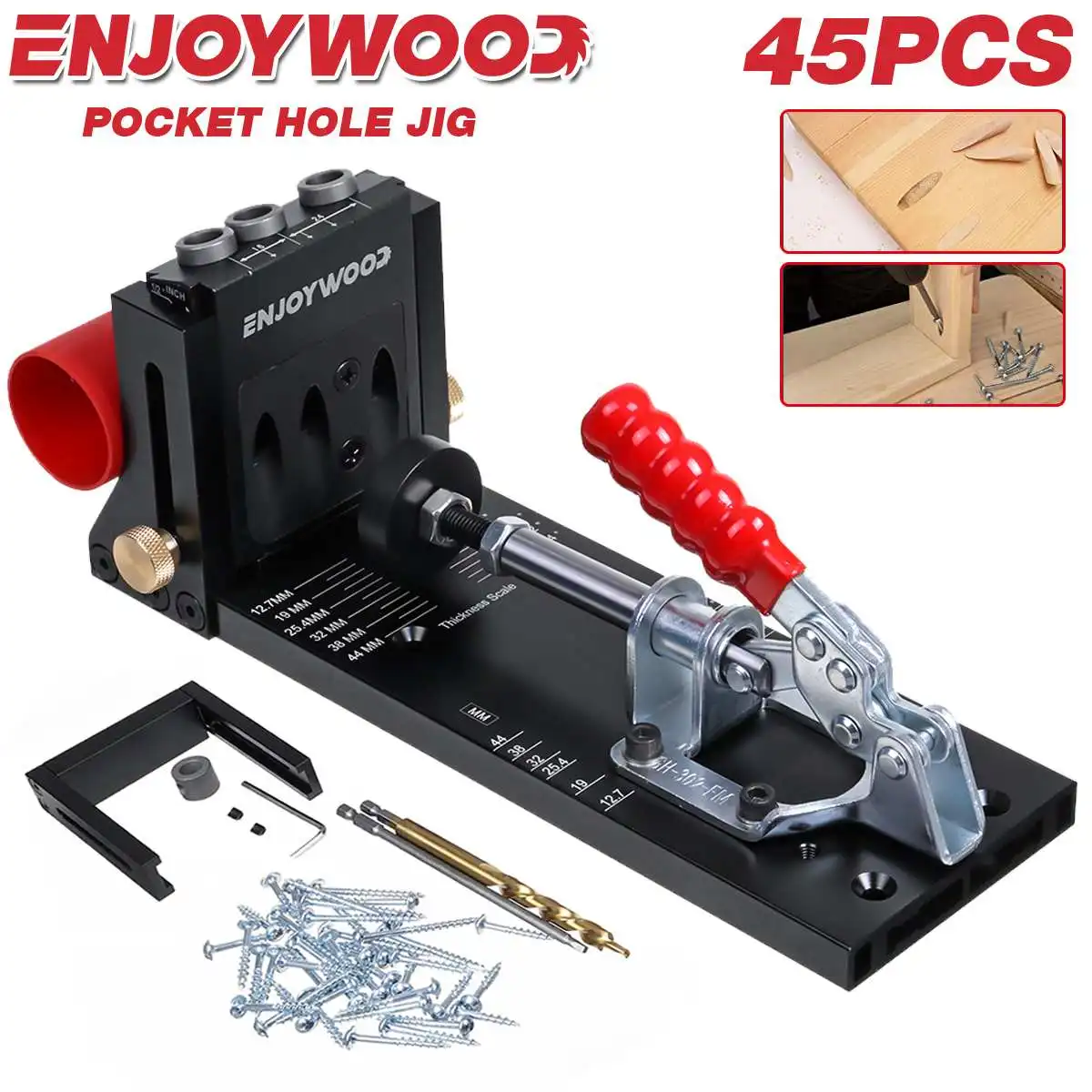 ENJOYWOOD 45Pcs 9.5mm 3-Hole Pocket Hole Jig Kit Aluminum Alloy Adjustable Woodworking Drilling Guide For Angled Holes Drill Bit