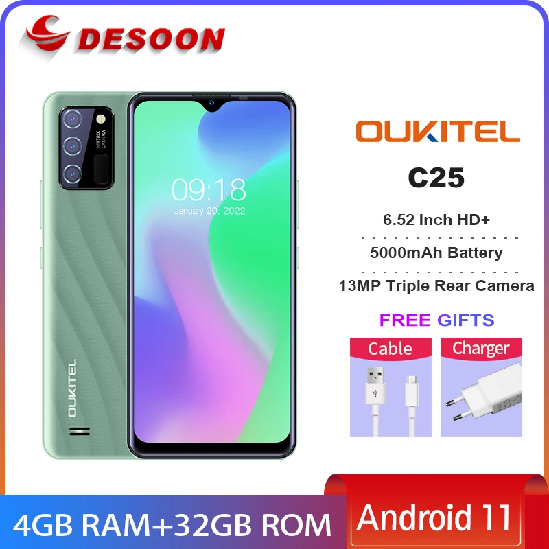 OUKITEL C25 6.52 Inch HD+ 4GB+32GB Android 11 Smartphone 5000mAh Battery 13MP Triple Rear Camera Mobile Phone Global Version