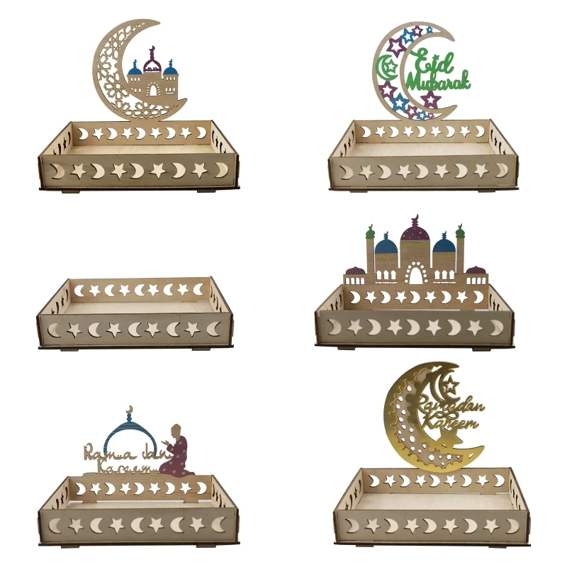 

Eid Mubarak Decor Wooden Serving Tray Moon Star Dessert Food Tray Islamic Muslim