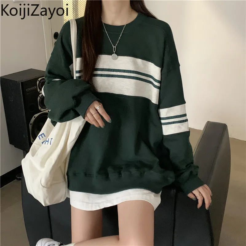 

Полосатые женские повседневные свободные толстовки Koijizayoi, пуловер с длинным рукавом и круглым вырезом, Женская шикарная верхняя одежда, св...