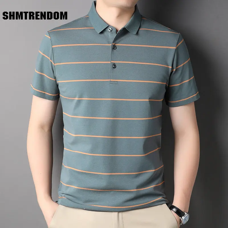 

SHMTRENDOM Summer Cotton Men Polo Shirts High Quality Short Sleeve Thin Striped Male Tops Fashion Loose Business Casual Man Tees