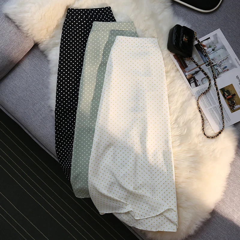 

COIGARSAM Women Skirt Summer 2022 Vintage Polka Dot High Waist Black White Light Green Skirts Dropshipping