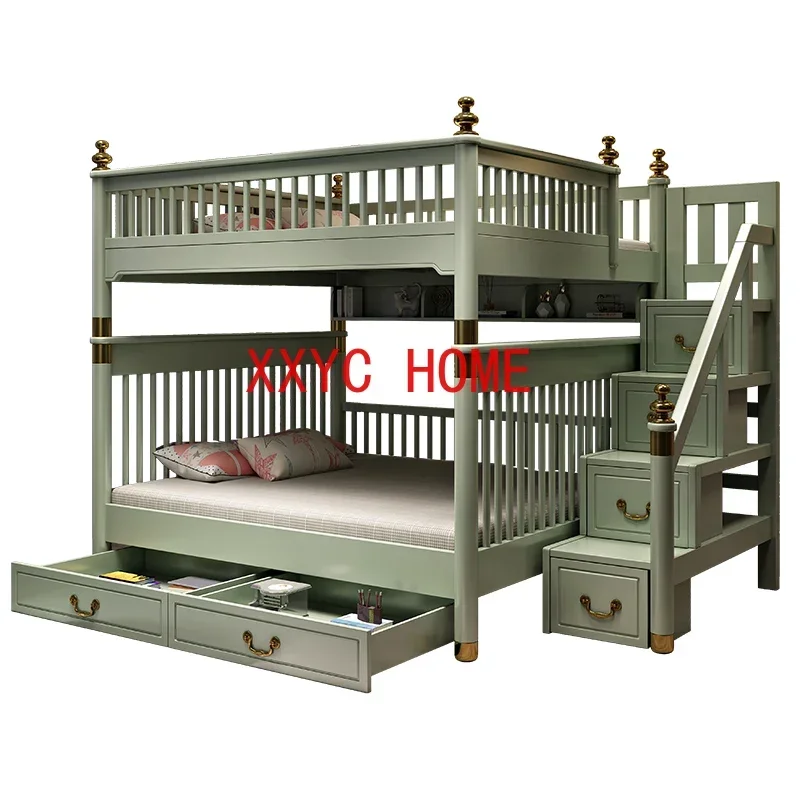 Двухъярусная кровать из массива дерева зелёная