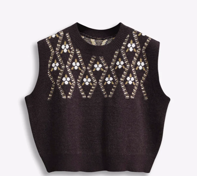 Японская мода Жаккардовый трикотажный жилет с цветами Женский мягкий свитер