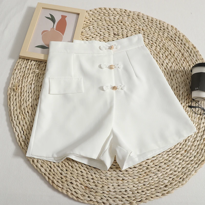 2023 Summer Retro Button Shorts Women High Waist Wide Leg