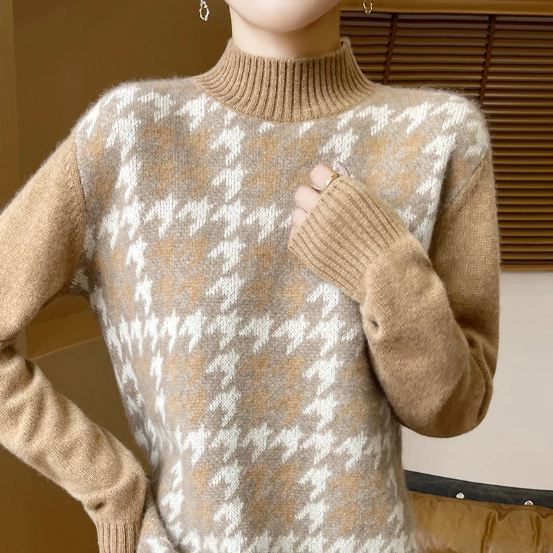 Осенне-зимний свитер из чистой шерсти с полувысоким воротником и сеткой Тысяча