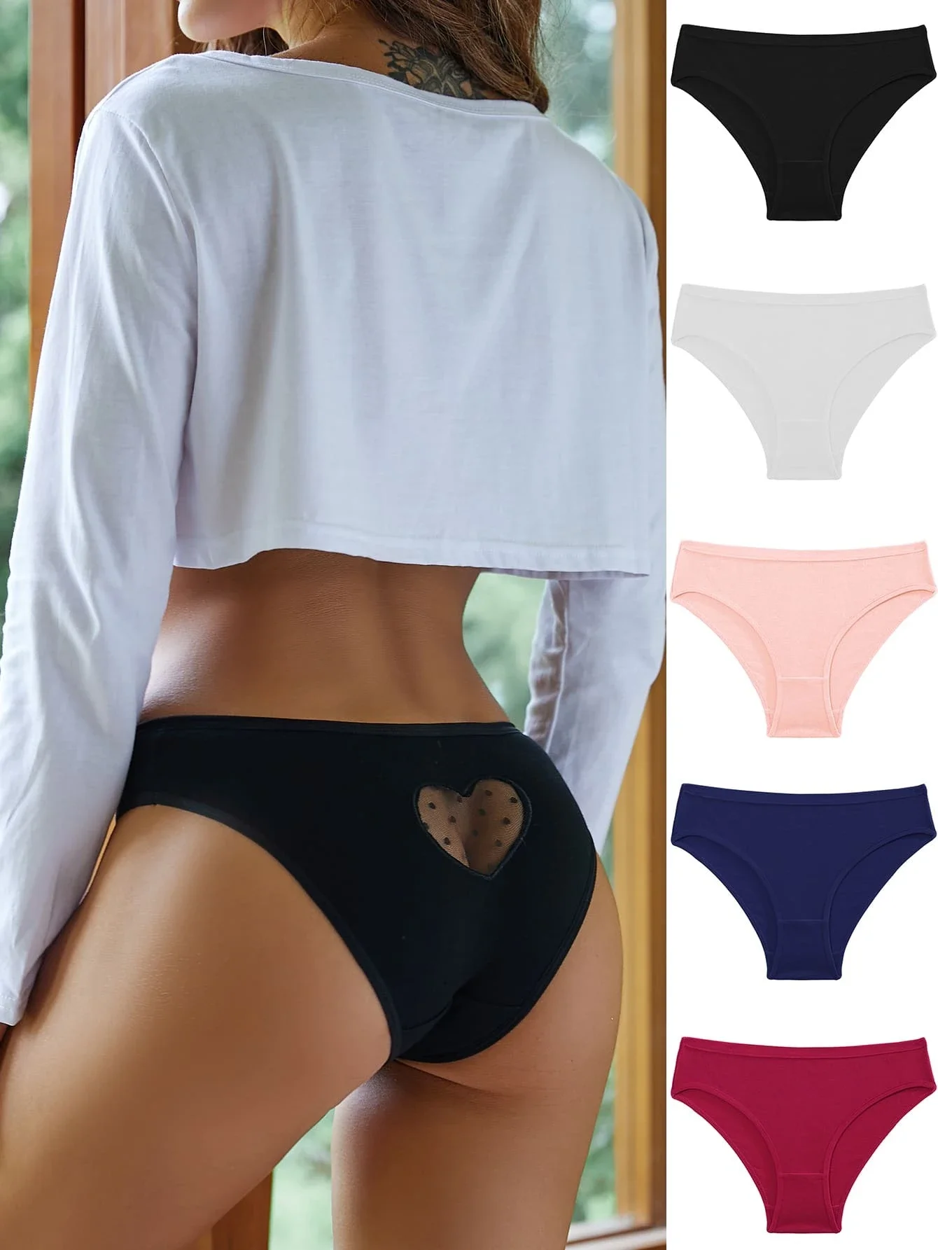 

5pcs Lace Insert Heart Embroidered Brief