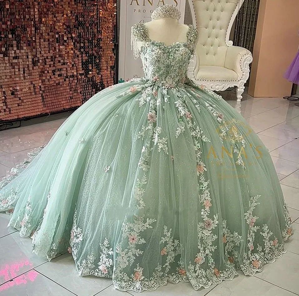 

IRIDESCENT Glittering Green Crystals 3D Floral Appliques Quinceanera Dress Robes De Soirée Vestidos De 15 Anos Formal Birthday