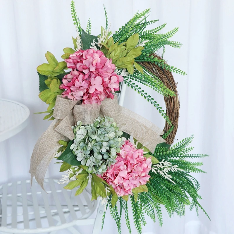 

Artificial Hydrangea Ferns Leaves Wreath with Bowknot for Front Door Outdoor Spring Simulation Flower Garland Decor