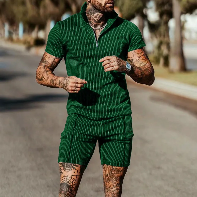 Summer 2-piece lapel striped short-sleeved men's Polo shirt + Men's suit Business style casual fashion T-shirt