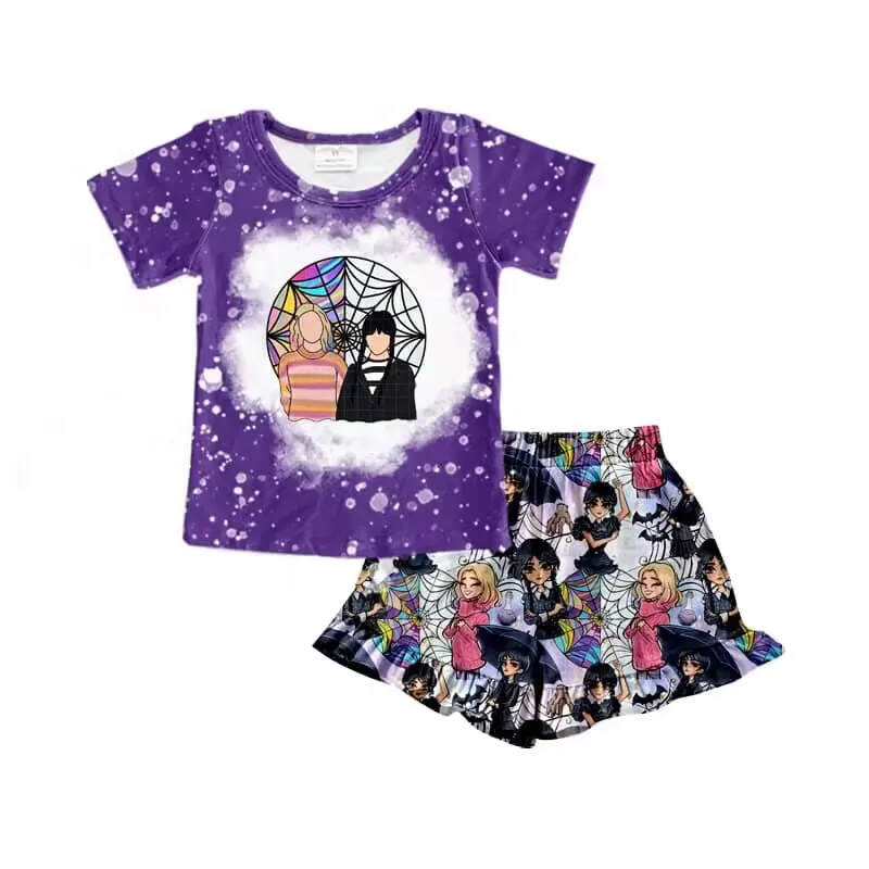 Wednesday Cartoon Character Series Latest Popular Summer Girls Short Sleeve Suit Purple Printed Shorts Suit