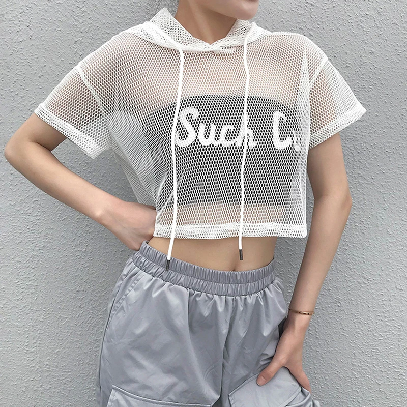 

Short Sleeve T Shirt Women Mesh Top Hooded Hollow Out Sexy Punk Rock Short Crop Top White T-Shirt Fishnet Black