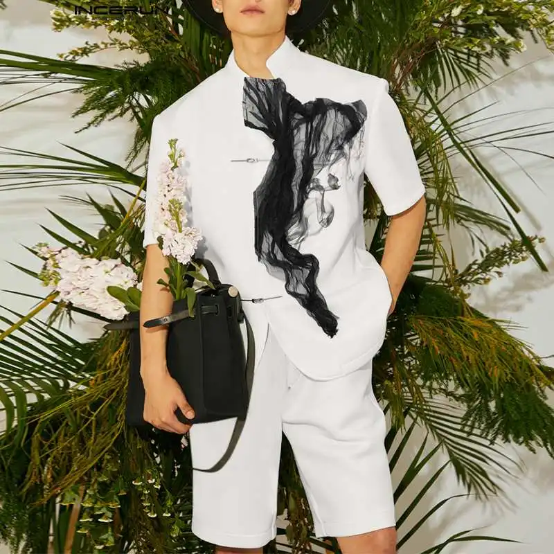 

Fashion Men Sets Mesh Patchwork Streetwear Stand Collar Short Sleeve Shirt & Shorts 2PCS 2023 Men Casual Suits S-5XL INCERUN