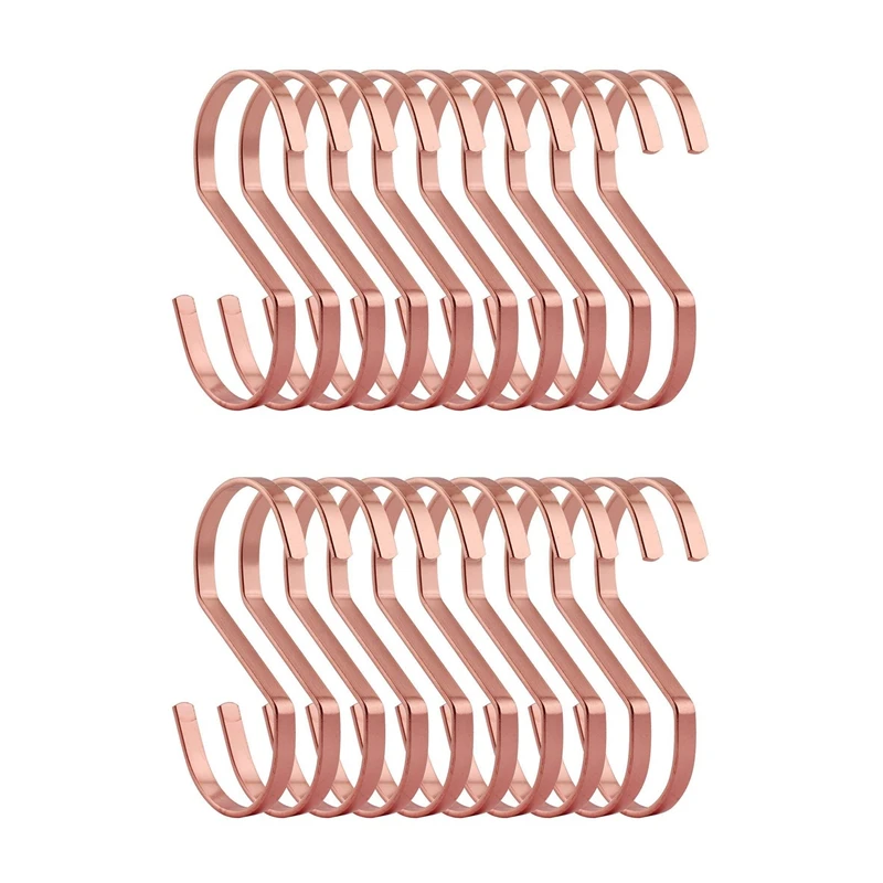 

JFBL Hot 20-Pack 4 Inch Rose Gold Chrome Finish Steel Hanging Flat Hooks-S Shaped Hook Heavy-Duty S Hooks, For Kitchenware, Pots