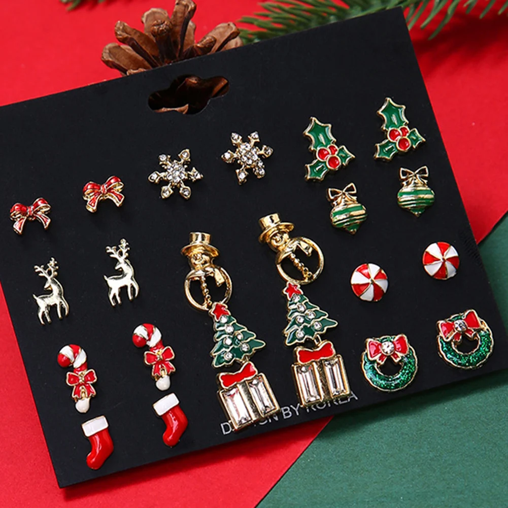 

12Pairs New Christmas Deer Stud Earrings for Women Cute Animal Elk Rhinestone Earring Merry Christmas New Year Jewelry Gifts